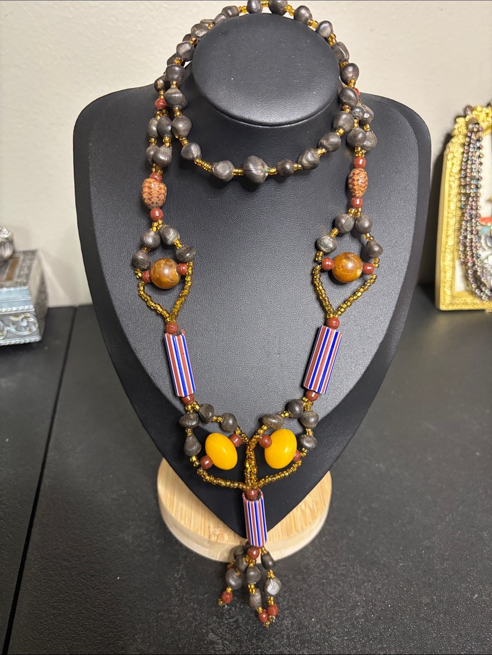 Boho Unique Mixed Media Handcrafted Yellow and Brown Beaded Statement Necklace